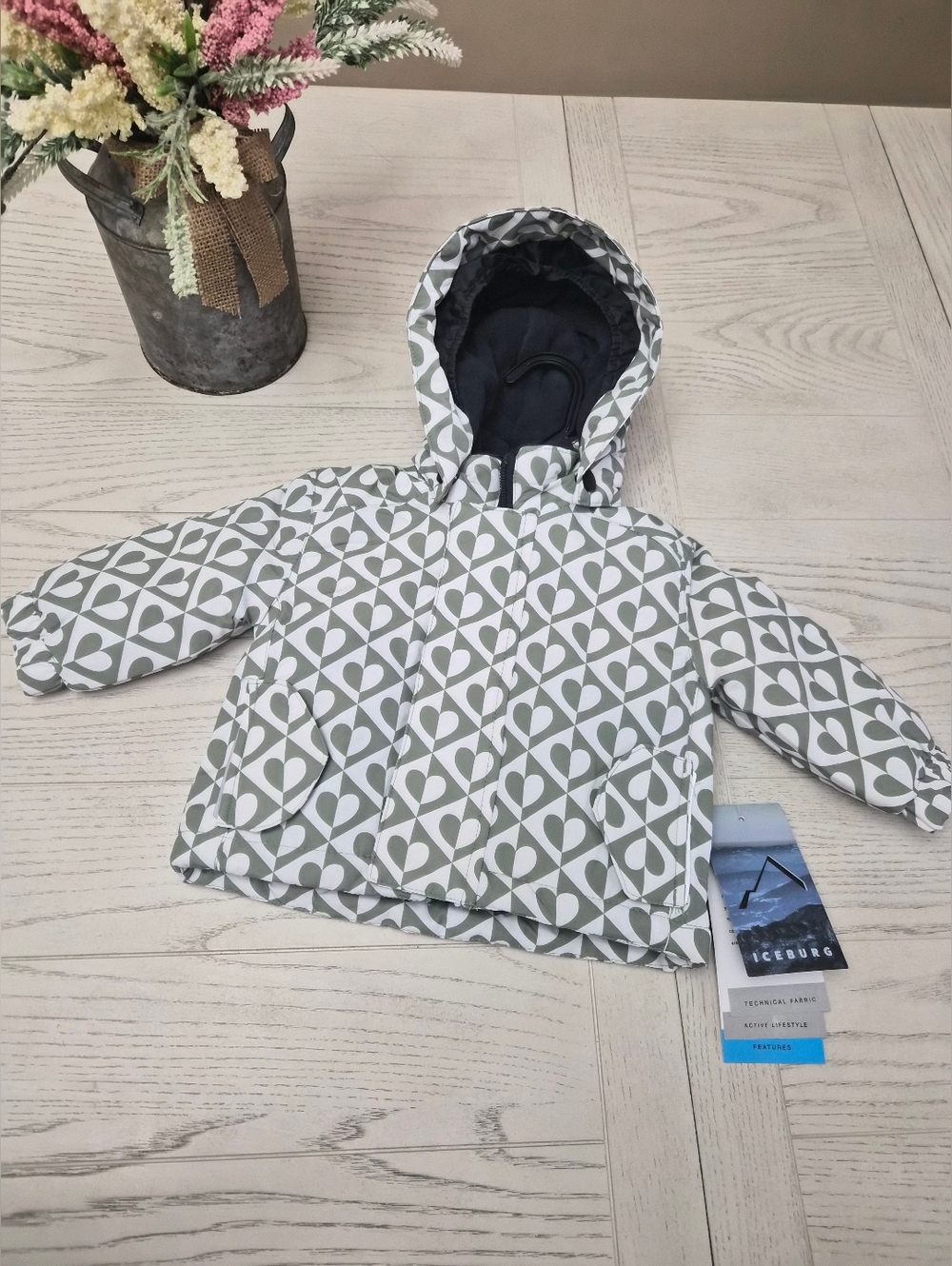 Iceburg Baby Hooded Heart Print Fleece In Jacket - White & Olive Color
